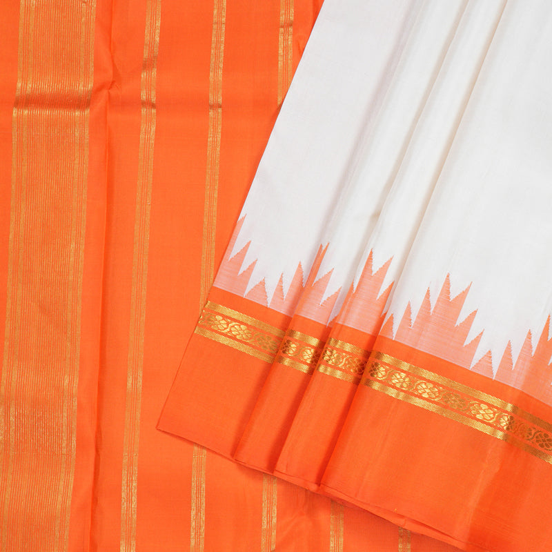 Hayagrivas White Handloom Kanjivaram Silk Saree with Orange Border KBD1812B2-2