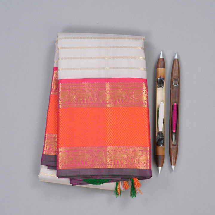 Hayagrivas White Handloom Kanjivaram Silk Saree with Reddish Pink Border KBD1813B2-1