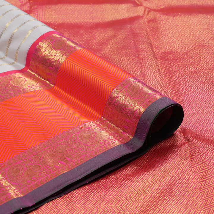 Hayagrivas White Handloom Kanjivaram Silk Saree with Reddish Pink Border KBD1813B2-1