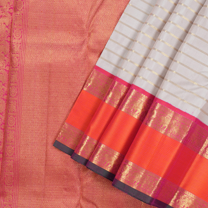 Hayagrivas White Handloom Kanjivaram Silk Saree with Reddish Pink Border KBD1813B2-1