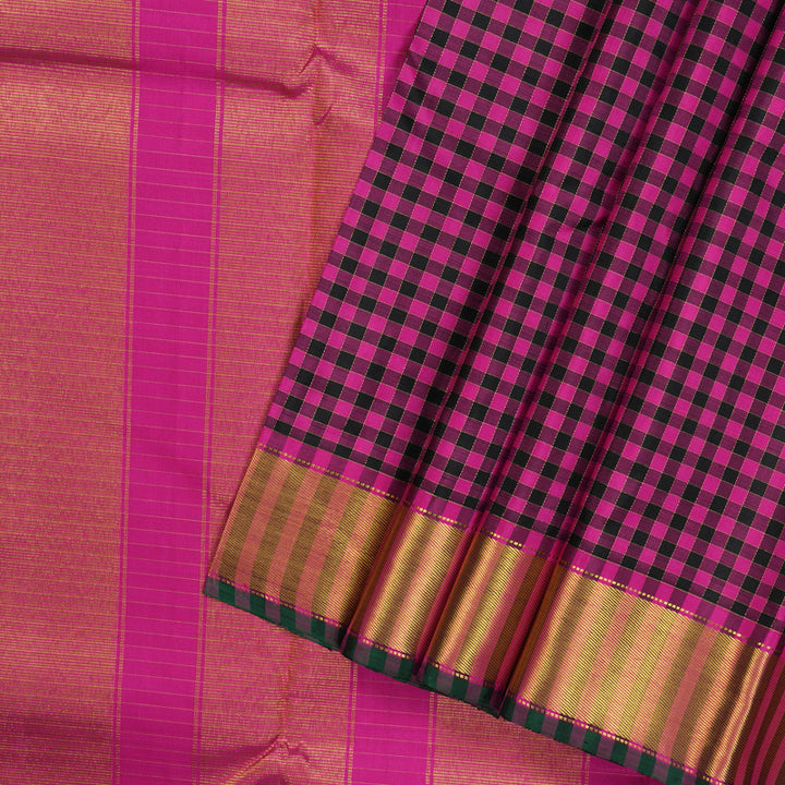 Hayagrivas Handloom Pure Kanjivaram Silk Saree in Eye-Catching Black with Pink Checks KBD1813B6-1