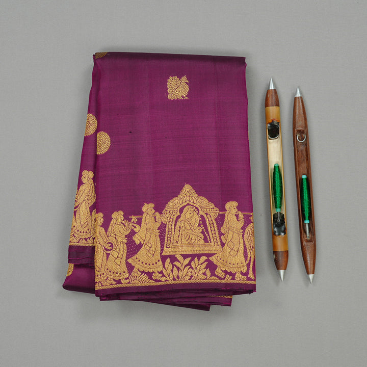 Hayagrivas Dark Purple Handloom Kanjivaram Silk Saree with Sandal Border KBD1823B1-2