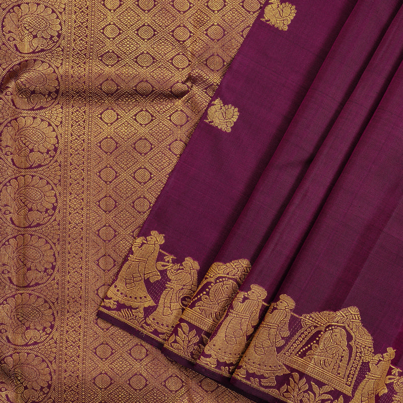 Hayagrivas Dark Purple Handloom Kanjivaram Silk Saree with Sandal Border KBD1823B1-2