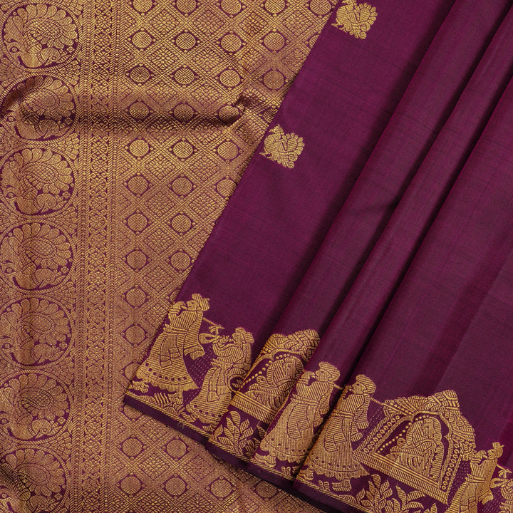 Hayagrivas Dark Purple Handloom Kanjivaram Silk Saree with Sandal Border KBD1823B1-2