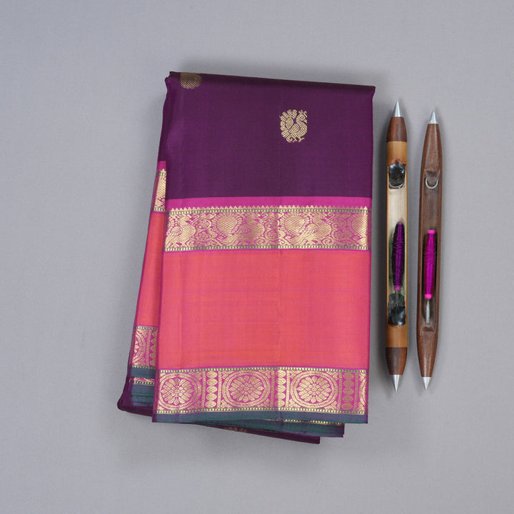 Hayagrivas Dark Purple Handloom Kanjivaram Silk Saree with Orangish Pink Border KBD1828B4-2