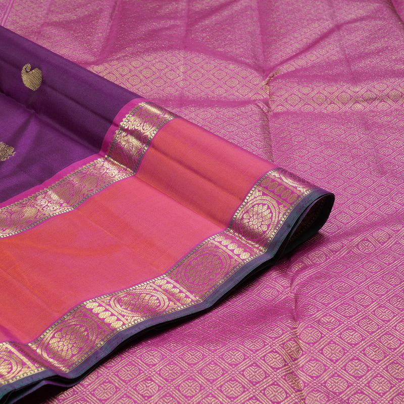 Hayagrivas Dark Purple Handloom Kanjivaram Silk Saree with Orangish Pink Border KBD1828B4-2