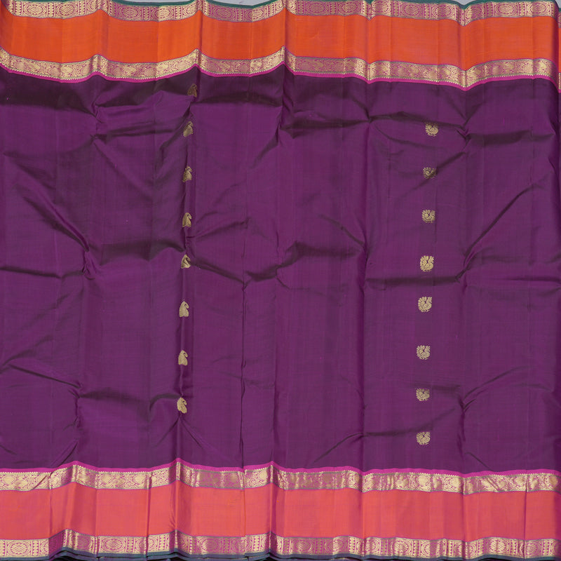 Hayagrivas Dark Purple Handloom Kanjivaram Silk Saree with Orangish Pink Border KBD1828B4-2