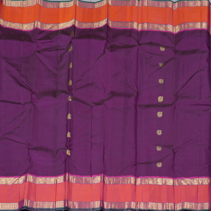 Hayagrivas Dark Purple Handloom Kanjivaram Silk Saree with Orangish Pink Border KBD1828B4-2