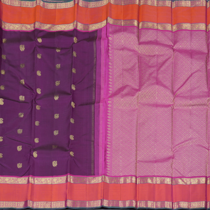 Hayagrivas Dark Purple Handloom Kanjivaram Silk Saree with Orangish Pink Border KBD1828B4-2