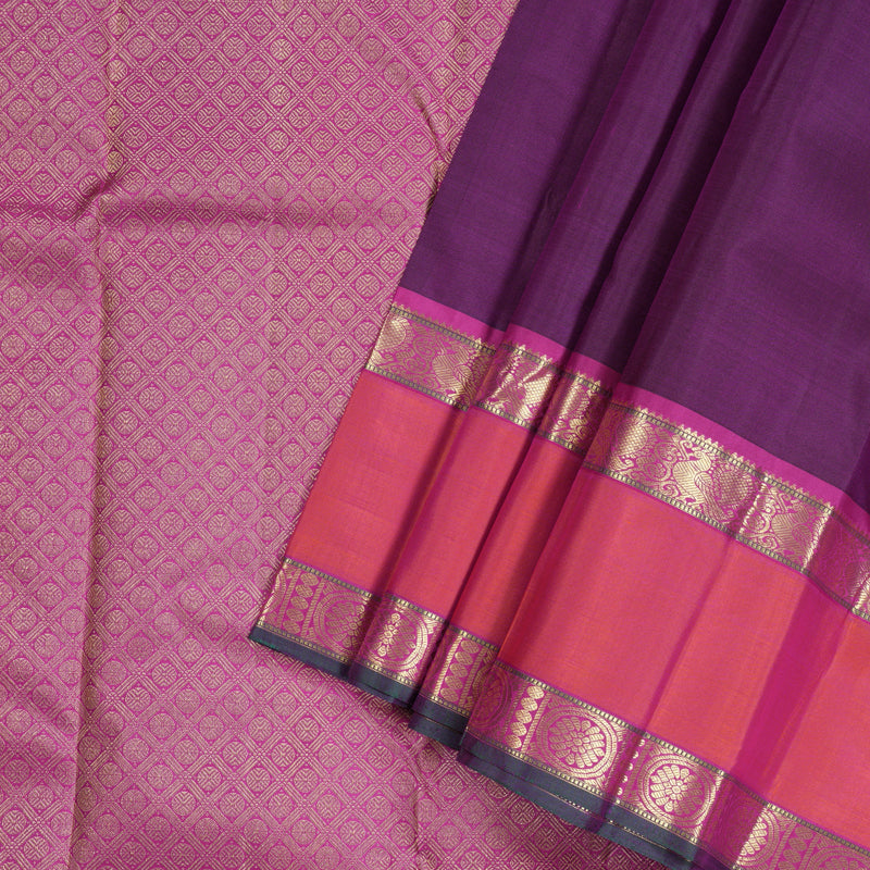 Hayagrivas Dark Purple Handloom Kanjivaram Silk Saree with Orangish Pink Border KBD1828B4-2
