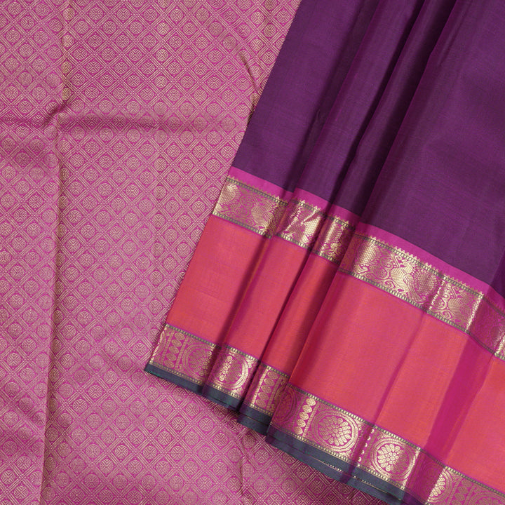 Hayagrivas Dark Purple Handloom Kanjivaram Silk Saree with Orangish Pink Border KBD1828B4-2