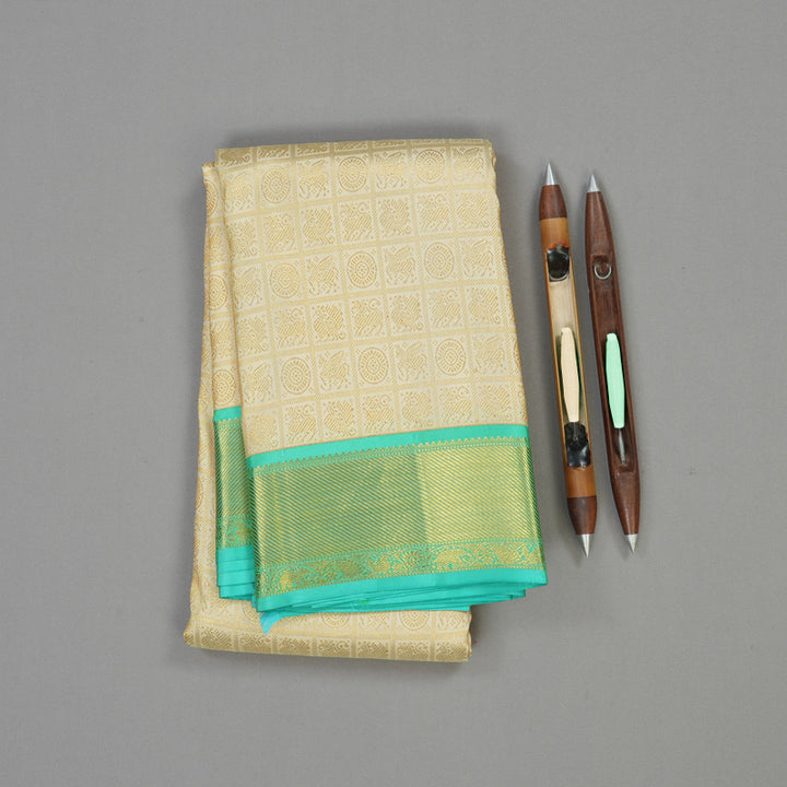 Hayagrivas Handloom Half White Kanjivaram Silk Saree with Teal border KBD1829B8-2