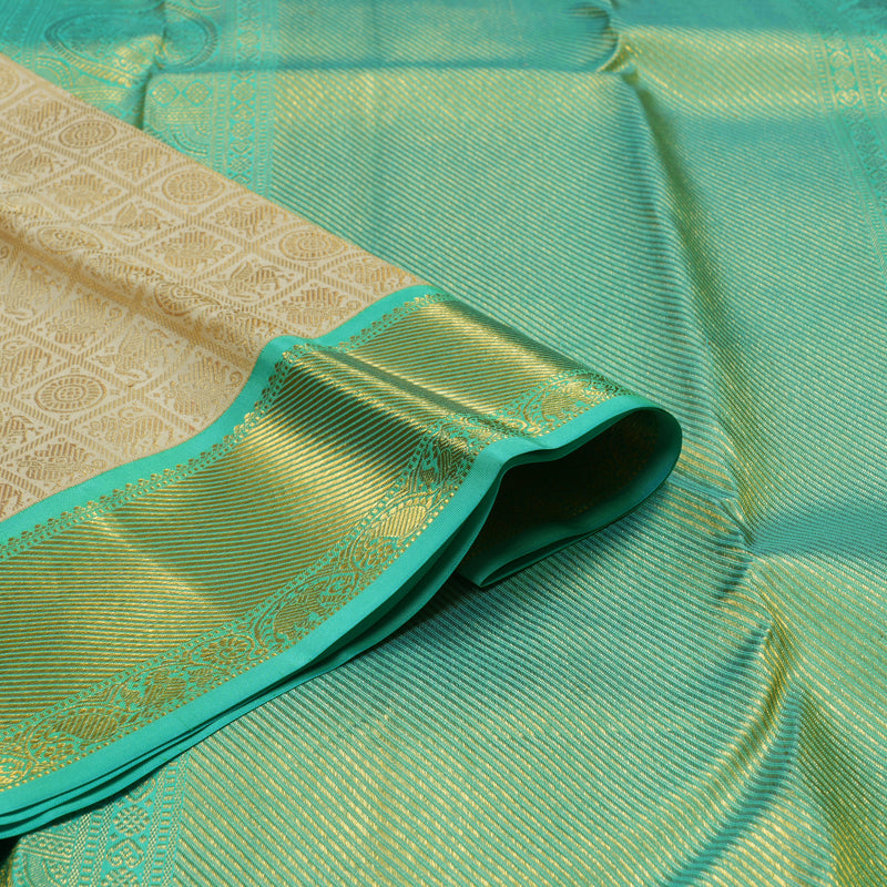 Hayagrivas Handloom Half White Kanjivaram Silk Saree with Teal border KBD1829B8-2