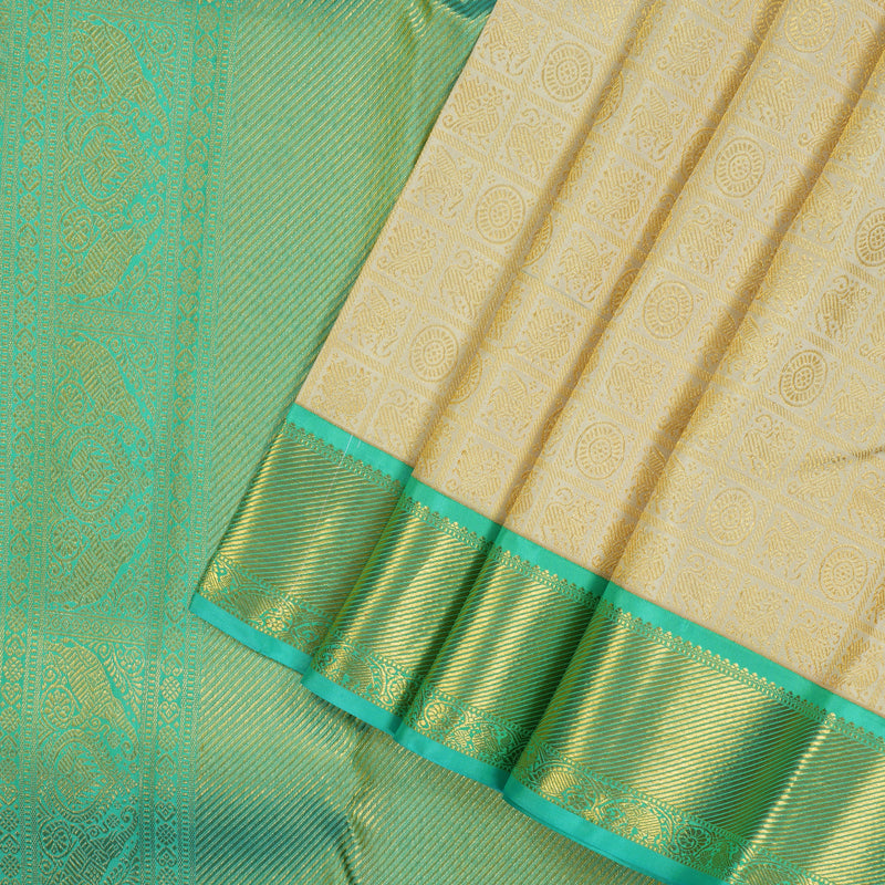 Hayagrivas Handloom Half White Kanjivaram Silk Saree with Teal border KBD1829B8-2