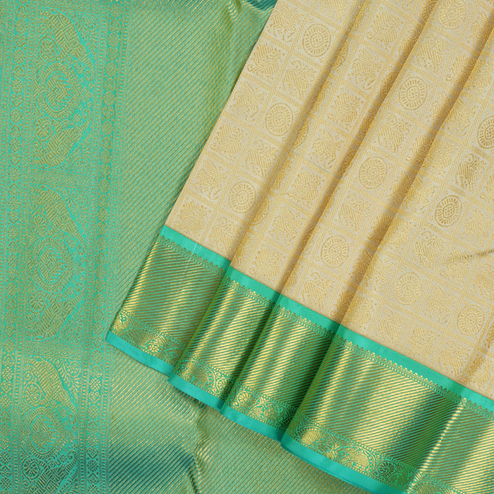 Hayagrivas Handloom Half White Kanjivaram Silk Saree with Teal border KBD1829B8-2