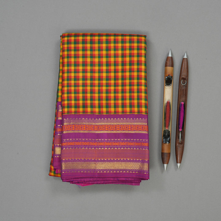 Hayagrivas Handloom Multicolour Checks Kanjivaram Silk Saree with Purple Border KBD1830B7-1