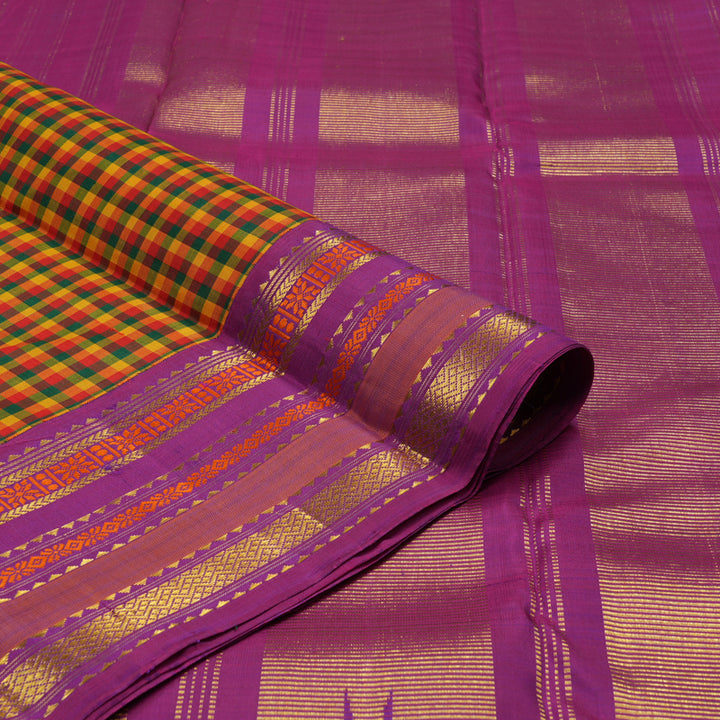 Hayagrivas Handloom Multicolour Checks Kanjivaram Silk Saree with Purple Border KBD1830B7-1