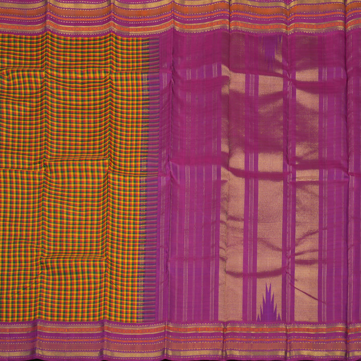 Hayagrivas Handloom Multicolour Checks Kanjivaram Silk Saree with Purple Border KBD1830B7-1