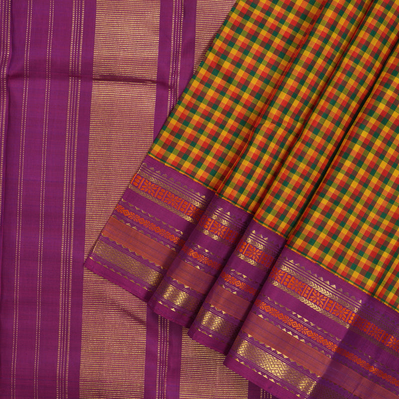 Hayagrivas Handloom Multicolour Checks Kanjivaram Silk Saree with Purple Border KBD1830B7-1