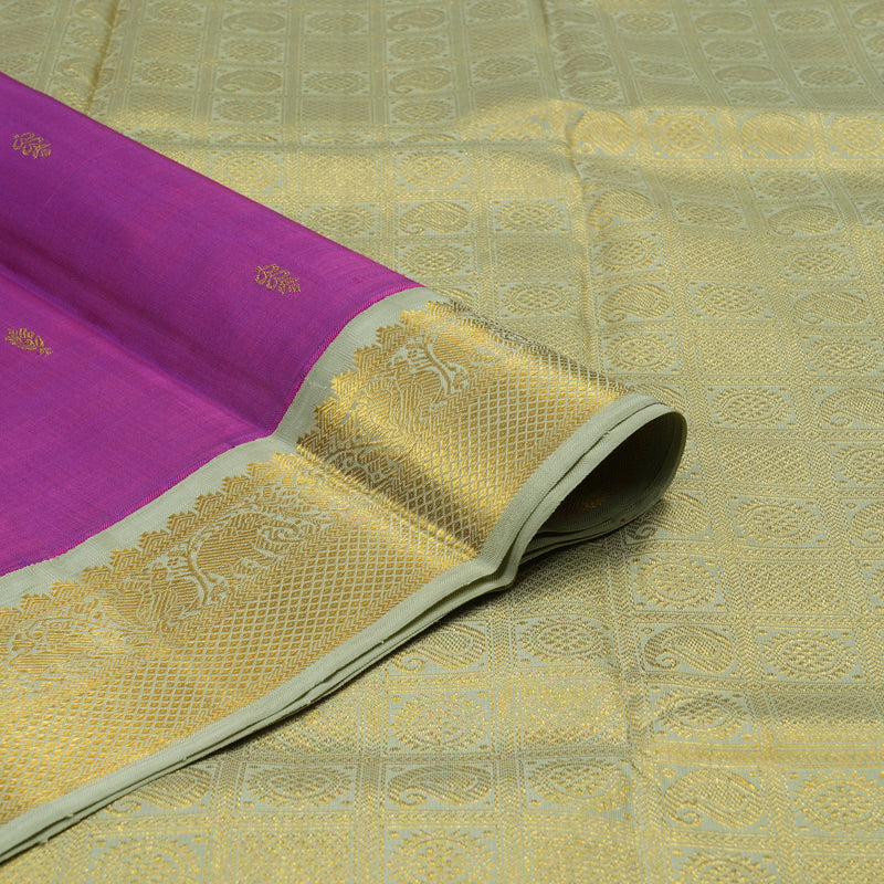 Hayagrivas Handloom Purple Kanjivaram Silk Saree with Greyish-Green Border KBD1831B2-1
