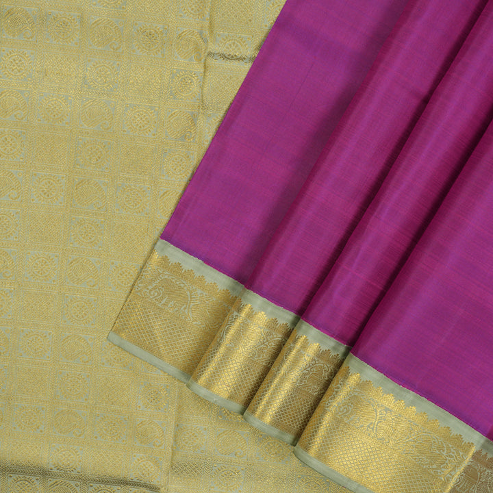 Hayagrivas Handloom Purple Kanjivaram Silk Saree with Greyish-Green Border KBD1831B2-1