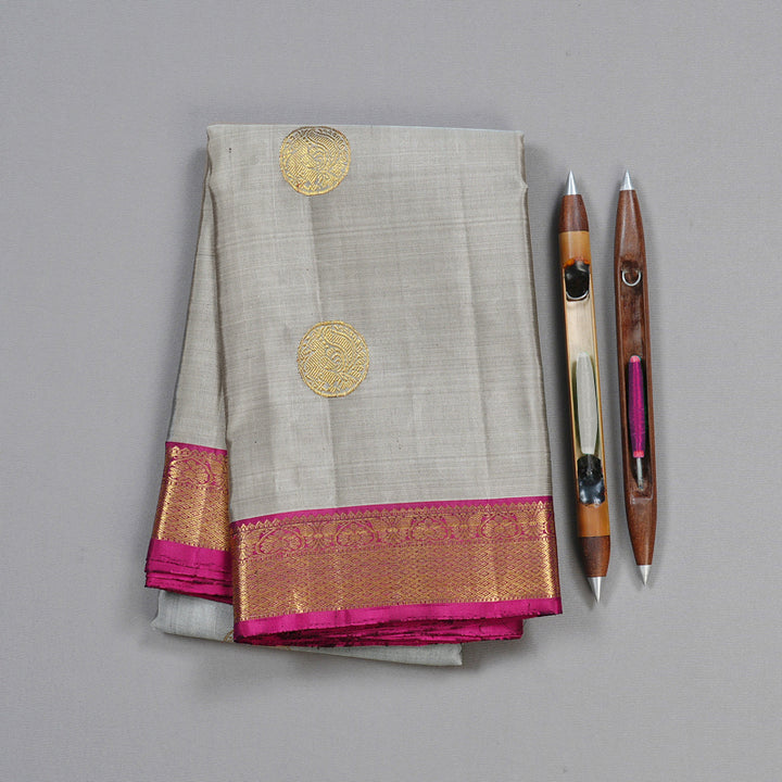 Hayagrivas Grey Handloom Kanjivaram Silk Saree with Purple Border KBD1832B2-1