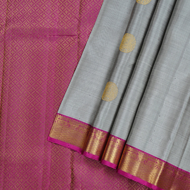 Hayagrivas Grey Handloom Kanjivaram Silk Saree with Purple Border KBD1832B2-1