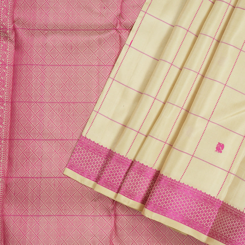 Hayagrivas Half White Handloom Kanjivaram Silk Saree with Pink Border KBD1832B4-2