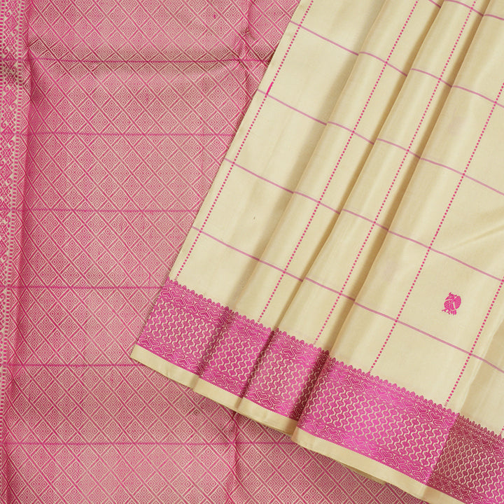 Hayagrivas Half White Handloom Kanjivaram Silk Saree with Pink Border KBD1832B4-2
