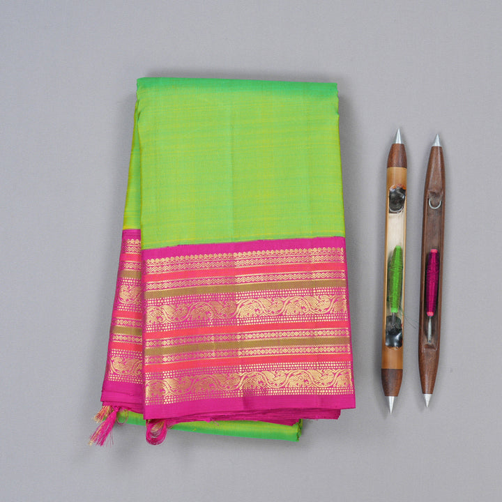 Hayagrivas Fluorescent Green Handloom Kanjivaram Silk Saree with Pink Border KBD1834B4-1