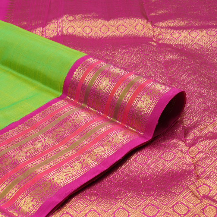 Hayagrivas Fluorescent Green Handloom Kanjivaram Silk Saree with Pink Border KBD1834B4-1