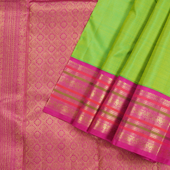 Hayagrivas Fluorescent Green Handloom Kanjivaram Silk Saree with Pink Border KBD1834B4-1