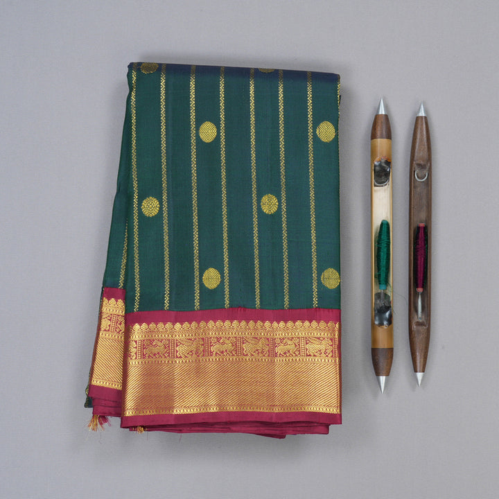Hayagrivas Peacock Green Handloom Kanjivaram Silk Saree with Maroon Border KBD1834B6-2