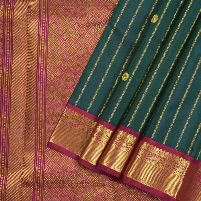 Hayagrivas Peacock Green Handloom Kanjivaram Silk Saree with Maroon Border KBD1834B6-2