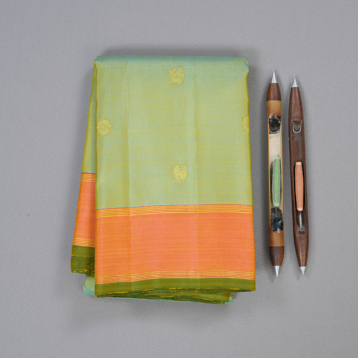 Hayagrivas Light Elaichi Green Handloom Kanjivaram Silk Saree with Dual Tone (Pink With Yellow) Border KBD1835B2-1
