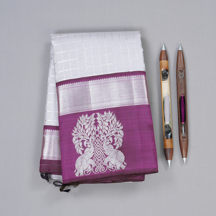 Hayagrivas Silver Grey Handloom Kanjivaram Silk Saree with Purple Border KBD1837B8-1