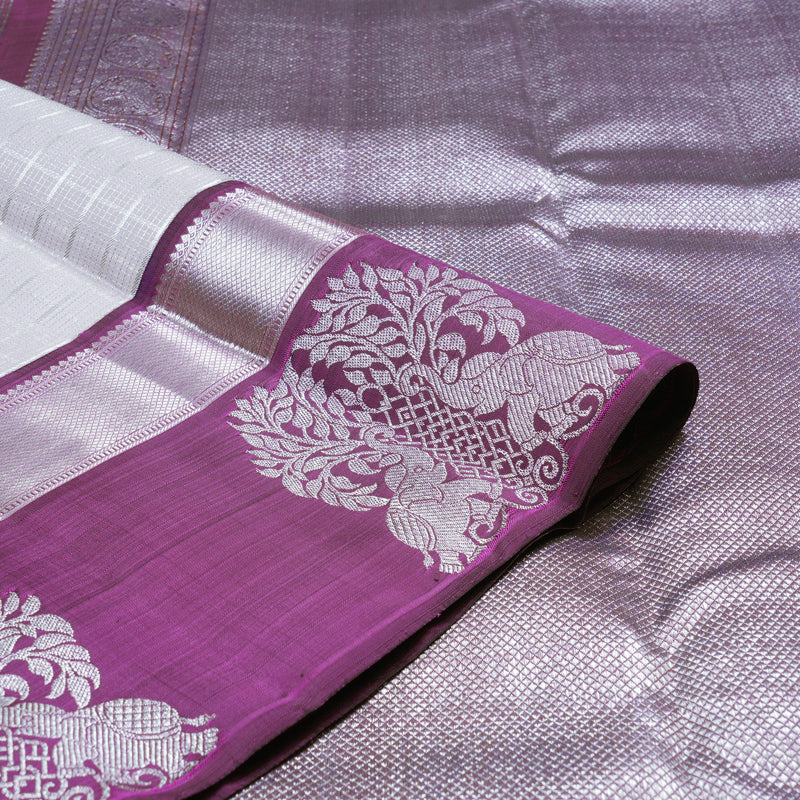 Hayagrivas Silver Grey Handloom Kanjivaram Silk Saree with Purple Border KBD1837B8-1