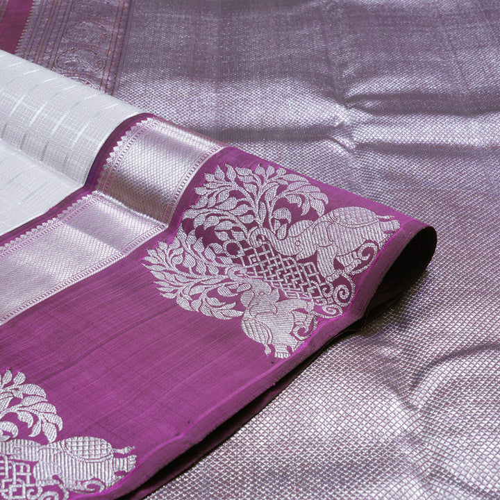 Hayagrivas Silver Grey Handloom Kanjivaram Silk Saree with Purple Border KBD1837B8-1