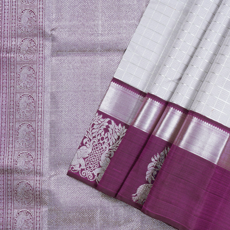 Hayagrivas Silver Grey Handloom Kanjivaram Silk Saree with Purple Border KBD1837B8-1