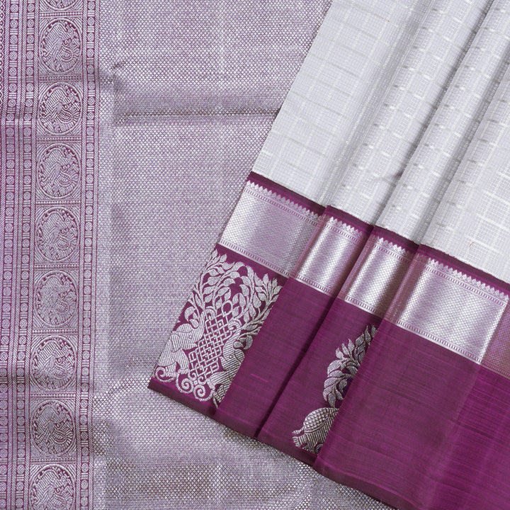 Hayagrivas Silver Grey Handloom Kanjivaram Silk Saree with Purple Border KBD1837B8-1