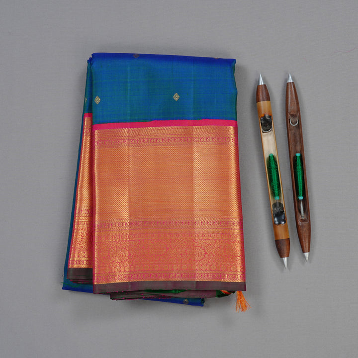 Hayagrivas Peacock Blue Handloom Kanjivaram Silk Saree with Reddish Pink Border KBD1842B3-1