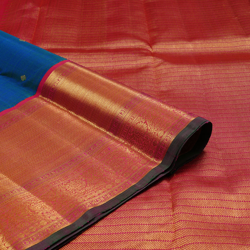 Hayagrivas Peacock Blue Handloom Kanjivaram Silk Saree with Reddish Pink Border KBD1842B3-1