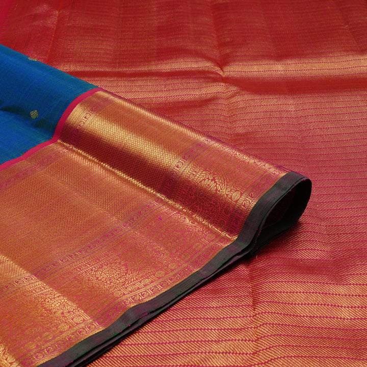 Hayagrivas Peacock Blue Handloom Kanjivaram Silk Saree with Reddish Pink Border KBD1842B3-1