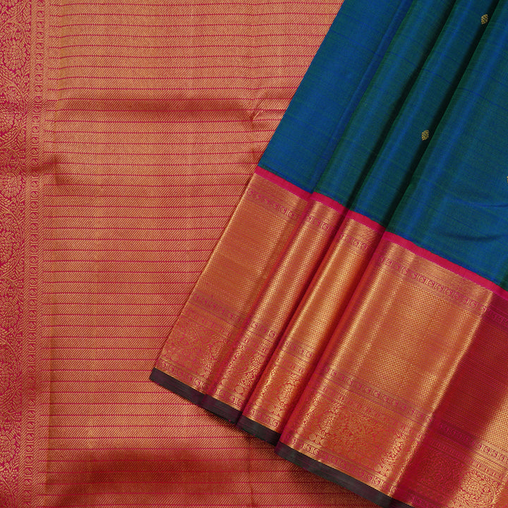 Hayagrivas Peacock Blue Handloom Kanjivaram Silk Saree with Reddish Pink Border KBD1842B3-1