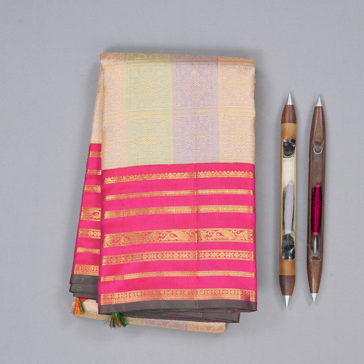 Hayagrivas Multi Colour Handloom Kanjivaram Silk Saree with Reddish Pink Border KBD1845B3-1