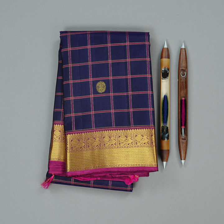 Hayagrivas Dark Blue Handloom Kanjivaram Silk Saree with Purple Border KBD1846B7-2