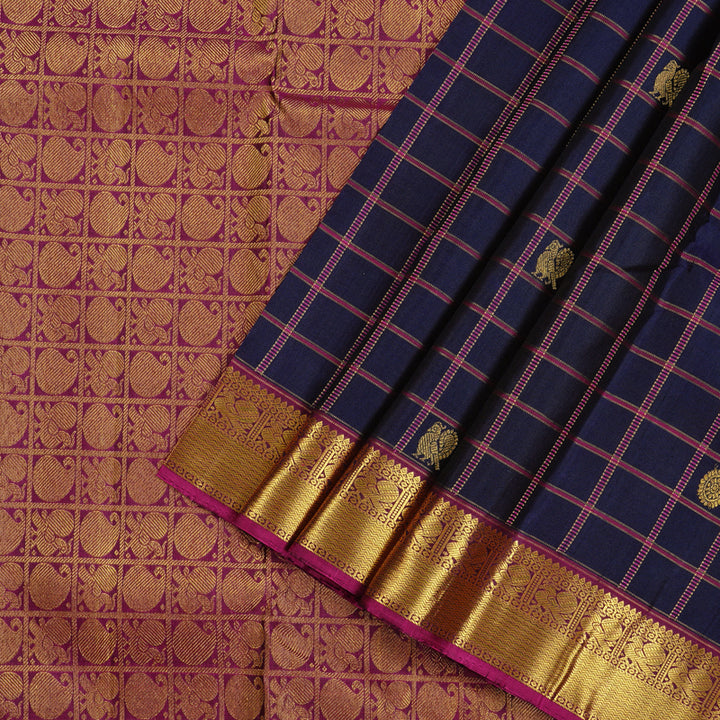 Hayagrivas Dark Blue Handloom Kanjivaram Silk Saree with Purple Border KBD1846B7-2