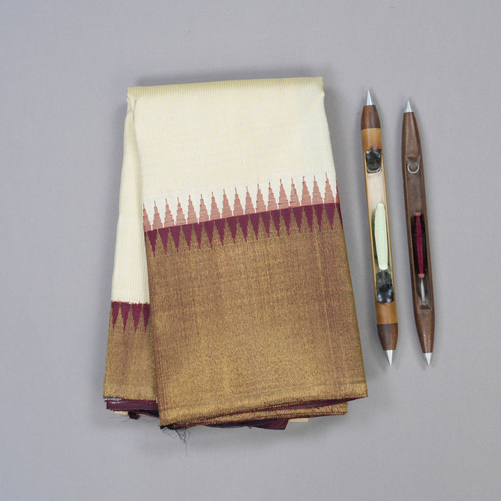 Hayagrivas Sandal Beige Handloom Kanjivaram Silk Saree with Wine Maroon Border KBD1847B1-1