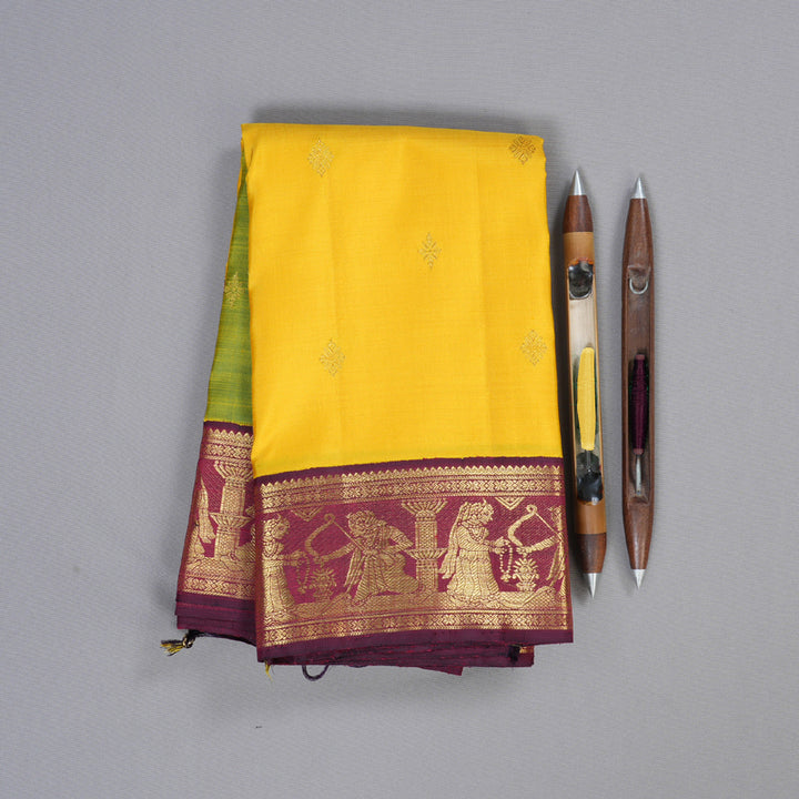 Hayagrivas Mubagam(Green,Pink And Yellow) Handloom Kanjivaram Silk Saree with Wine Maroon Border KBD1852B5-1