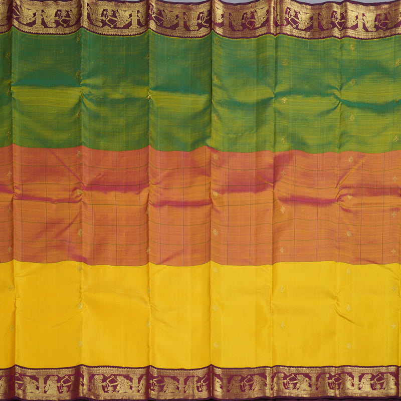 Hayagrivas Mubagam(Green,Pink And Yellow) Handloom Kanjivaram Silk Saree with Wine Maroon Border KBD1852B5-1